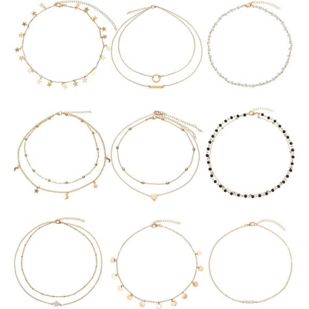9 Pieces Gold Layering Chain Choker Necklace Layered Pendant Statement